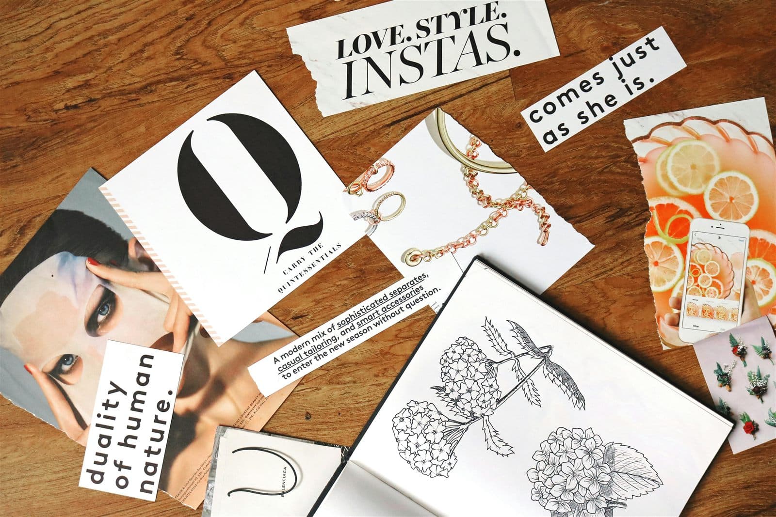 A moodboard in progress — the references, textures, and type that shape a brand's world